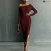 2026 European & American Women's One-shoulder Long Sleeve Slim Wool Dress - Autumn/Winter