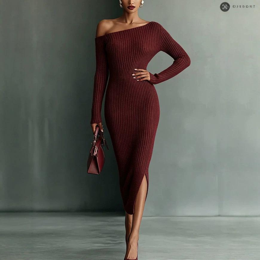 2026 European & American Women's One-shoulder Long Sleeve Slim Wool Dress - Autumn/Winter