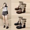 Vintage Splicing Cowboy Boots Women's Summer Boots Belt Buckle Medium Knight Boots Thick Heel Skinny Pile Boots