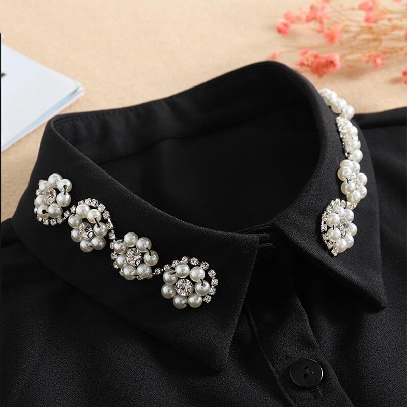Perfect Match Bead Fake Collar Shirt Women White False Collars Woman Pearl Women Beaded Detachable Collar Necktie Black Chiffon Half Shirt