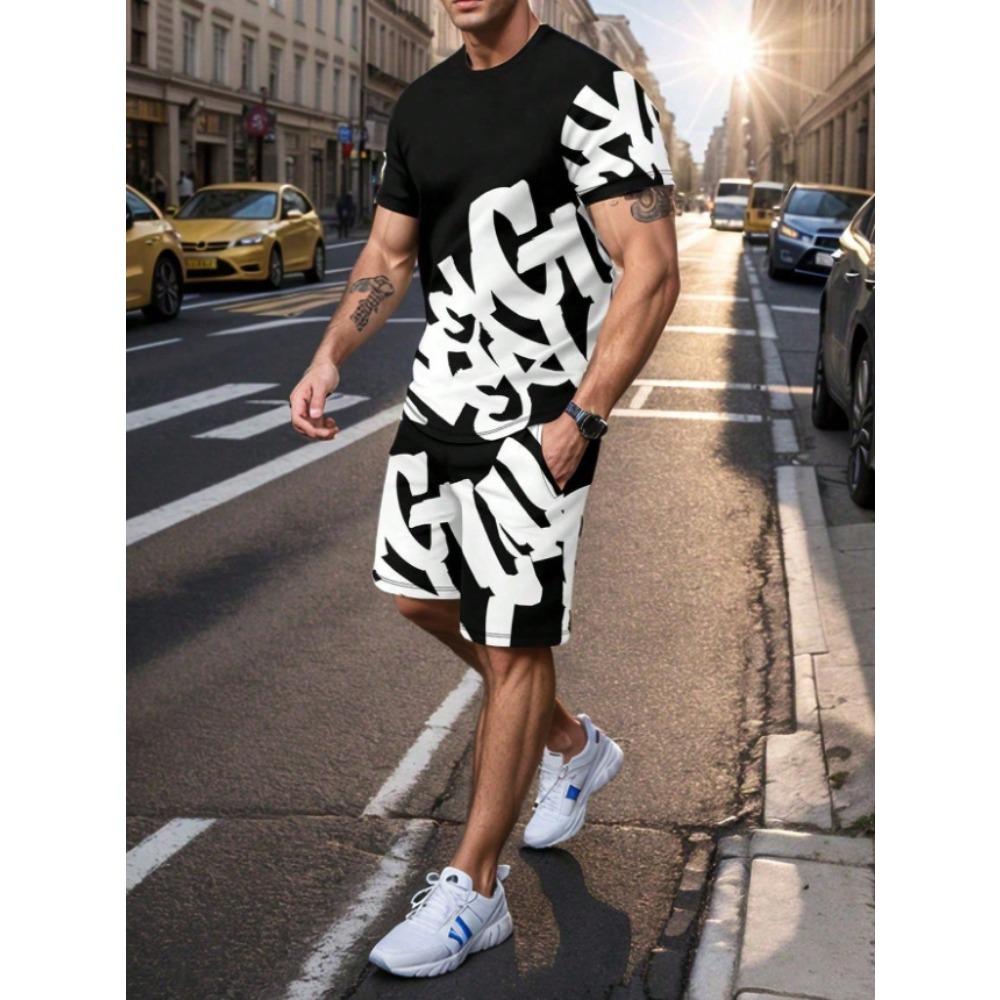 Summer Comfortable Letter Pattern 3D Printed 2-piece Set Leisure Sports Style Loose Fashionable Oversized Breathable Men s Sports Wear S
