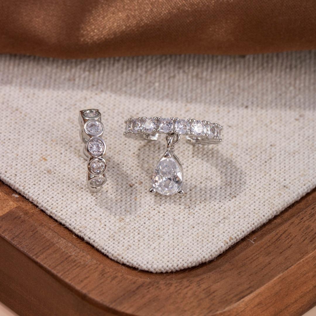 

Personality Shiny Micro-inlay 5A Zircon Water Drop Tassel Asymmetry Fake Piercing Hoop Earrings Women s Stainless Steel Jewelry