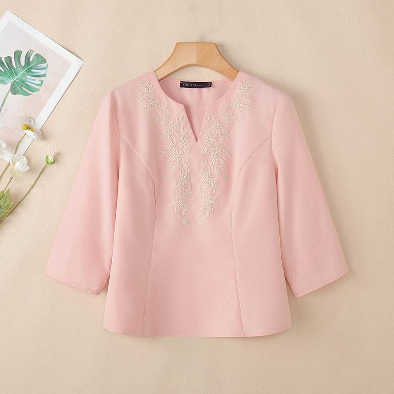 ZANZEA Women Casual Embroidery V-Neck Loose 3/4 Sleeve Blouse