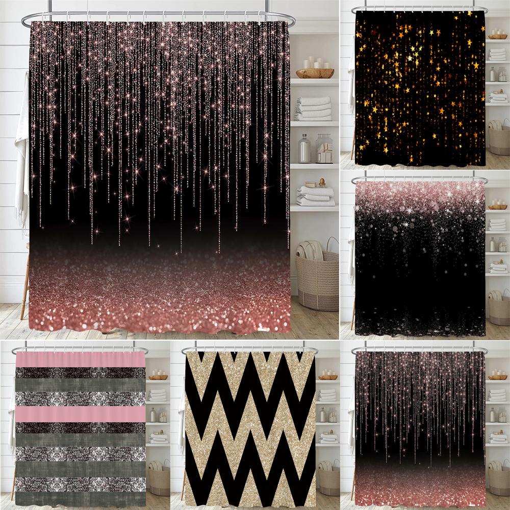 Textile Article Pink/Gold And Star Glitters Shower Curtain Abstract Art Modern Bathroom Curtains Geometric Pattern Bath Curtain Bathroom Decor
