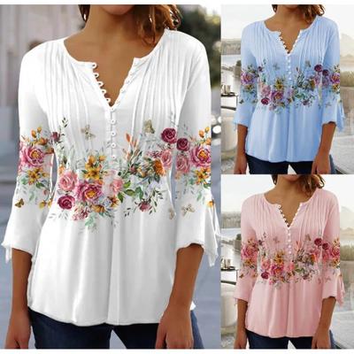 Women's Fashion Casual Summer Spring Flower Pattern Print 3/4 Sleeves V-Neck Blouses & Shirts Plus Size Lady Blouses Tops
