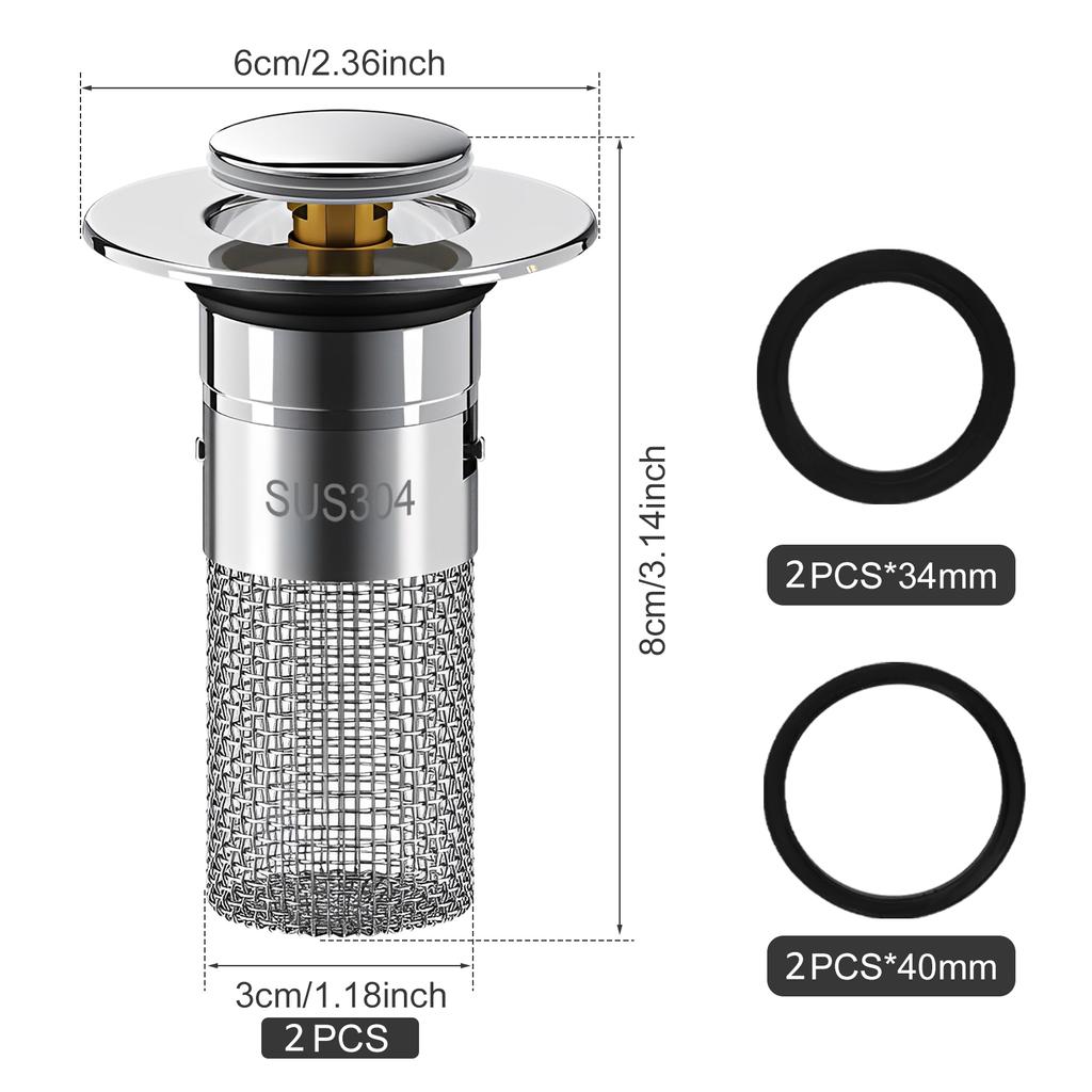 2PCS Floor Drain Filter 3cm 2.2cm Washbasin Leak Plug Stainless Steel Odor Proof Bouncing Core Drains Hair Catcher Sink Strainer