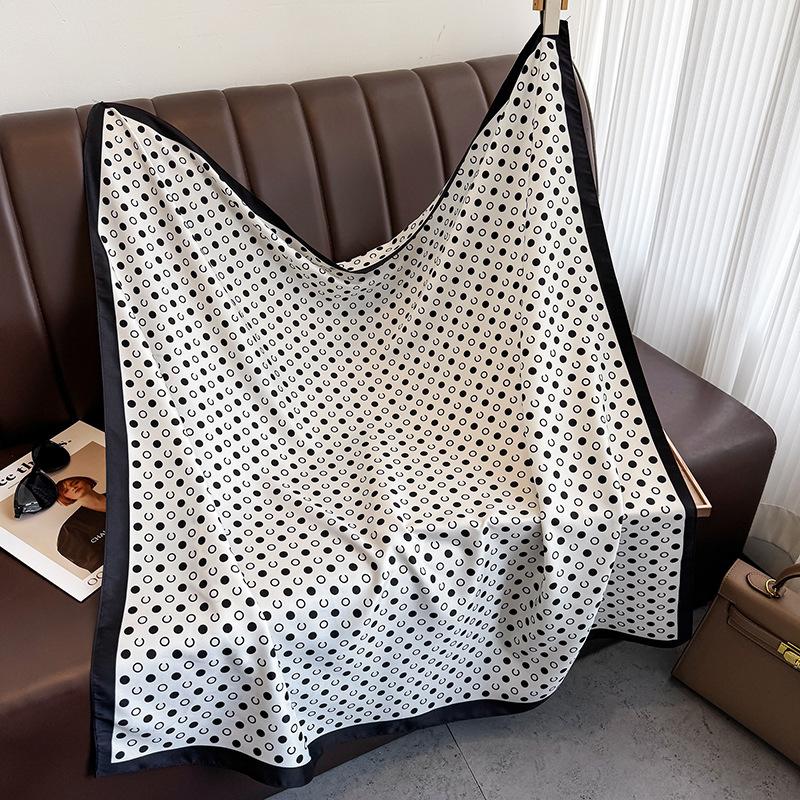 Spring and Summer Simple Fashion Black and White Polka Dot Printed Silk Scarf Japanese and Korean New Women's Fashion Temperament with Twill Shawl