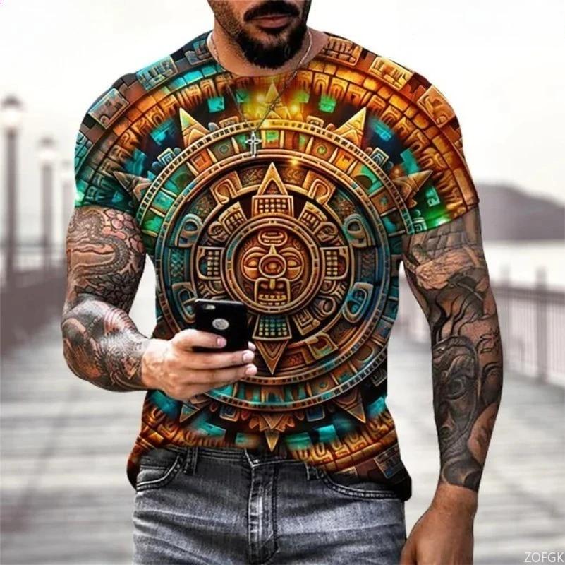 Mexican Aztec 3D Printing T-shirt Color Cool Pattern T-shirt Men and Women Fashion Aztec Calendar Sports T-shirt Top 5XL