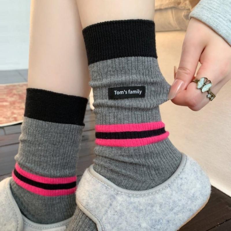 Women's Fall Collage Striped Letter Colored Cloth Logo Medium Tube Pile Socks