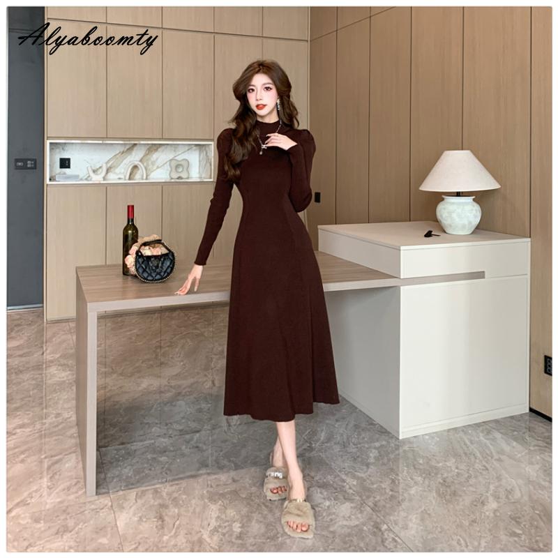 Francuski styl jesienno-zimowa damska sweter Midi sukienka pół kołnierzyk czarna szara morelowa kawa sukienka dziergana elegancka kobieca sukienka z dzianiny