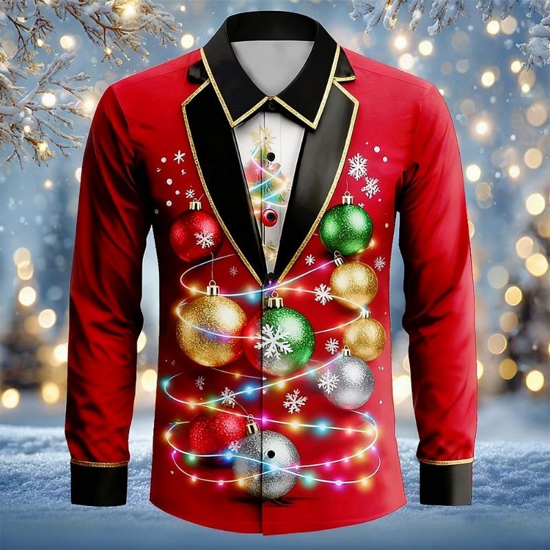 Christmas Men's 3D Fake Suit Christmas Reindeer Pattern Festive Atmosphere Lapel Long Sleeve Shirt Casual Slim Shirt