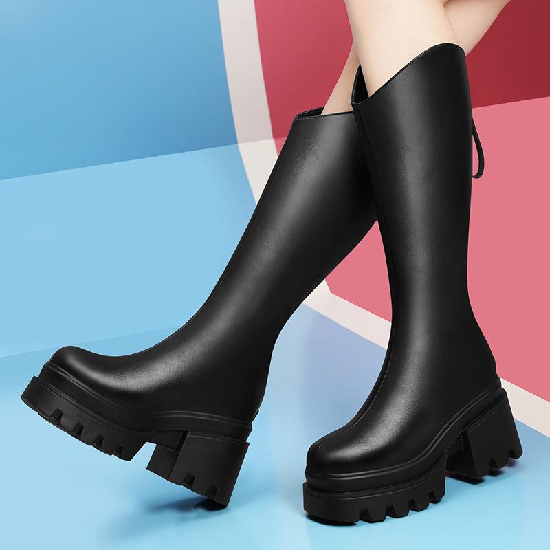 (Broken size does not make up) High boots for women's autumn new fashionable thick bottom heightening small elastic leather thin