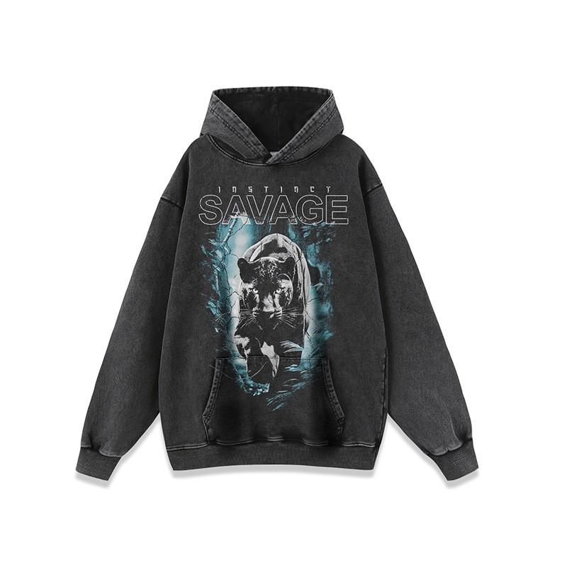 Mens Oversized Distressed Washed Tiger Print Hoodie Streetwear Loose Fit Hip Hop Sweatshirt