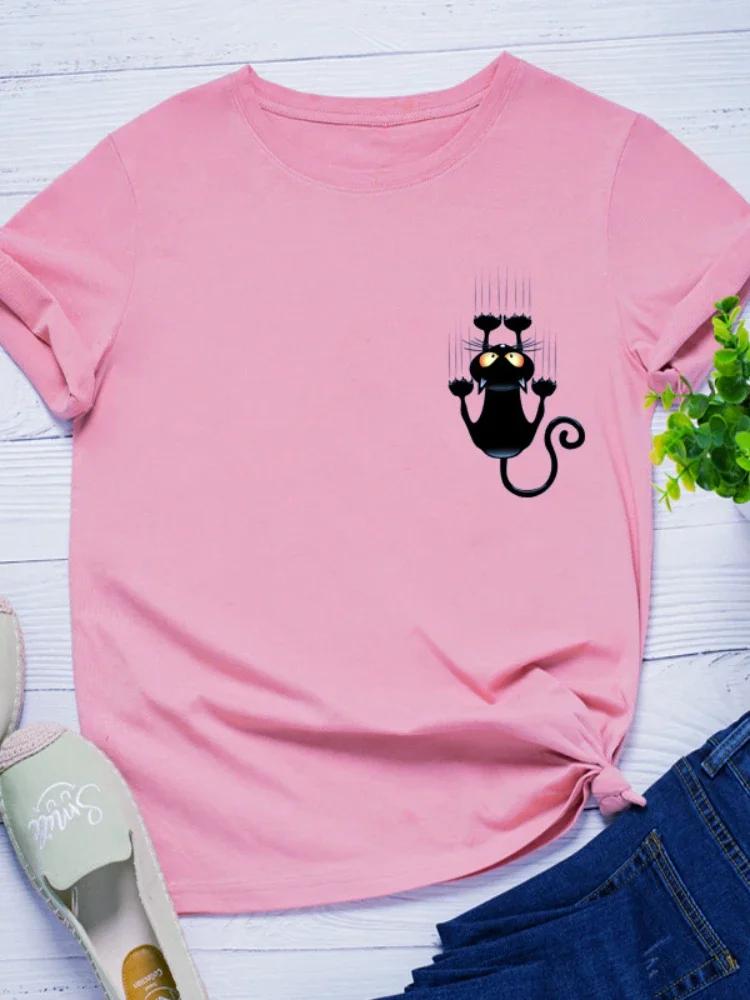 Pocket Black Cat Print T Shirt Women Short Sleeve O Neck Loose Tshirt Summer Women Causal Tee Shirt Tops Camisetas Mujer