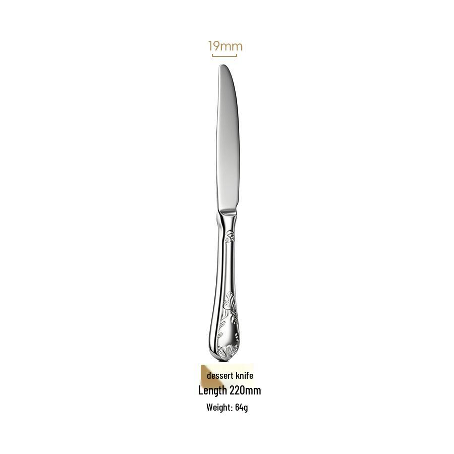 304 Stainless Steel Cutlery Set: French Mirror Finish with Noble Vine Embossed Design - Includes Steak Knife, Fork, Spoon, and Luxury Soup Spoon.
