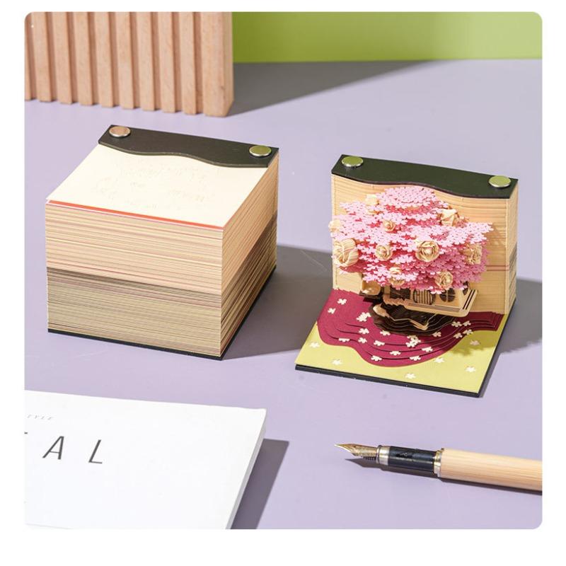 3D Paper Sculpture Rose Tree House Notepad - Handmade Tearable Memo Pad & Desk Art Gift for Birthday Home Decor