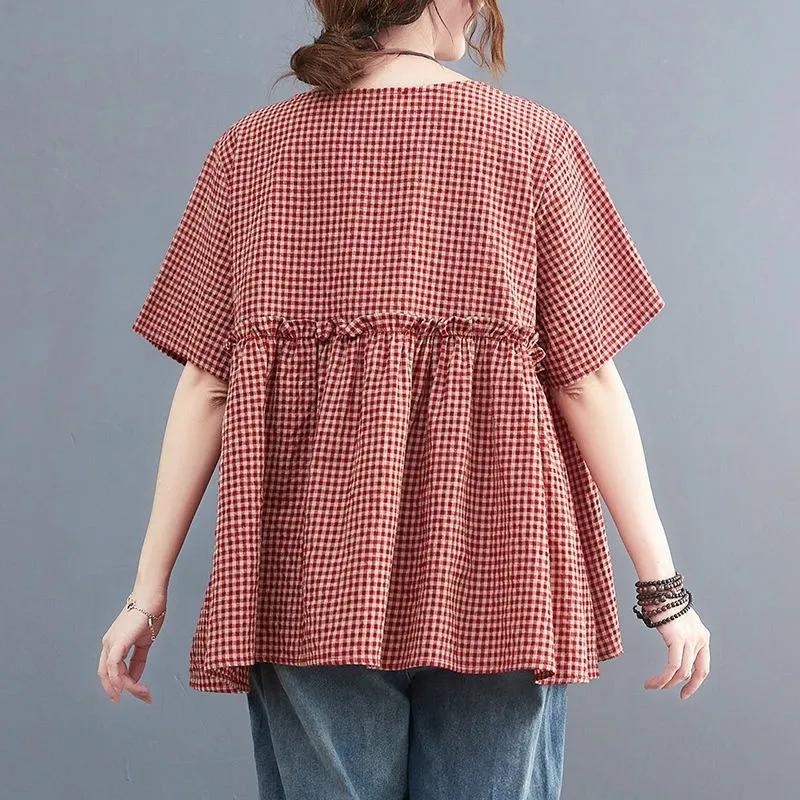 Summer Women  Half Sleeve O-Neck Blouse Women Grid Printed Shirt Pleated Elegnat Work Tops Casual Loose Chemise