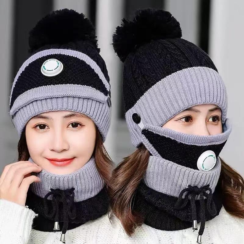 Winter Thickened Knitted Hat Scarf Set Women Plush Ear Protection Beanie Windproof Cycling Cap
