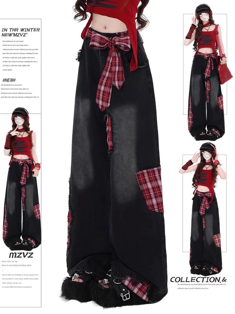 Red Plaid Patchwork High Waist Wide Leg Jeans - Women's Loose Straight-Leg Floor-Length Pants 2025