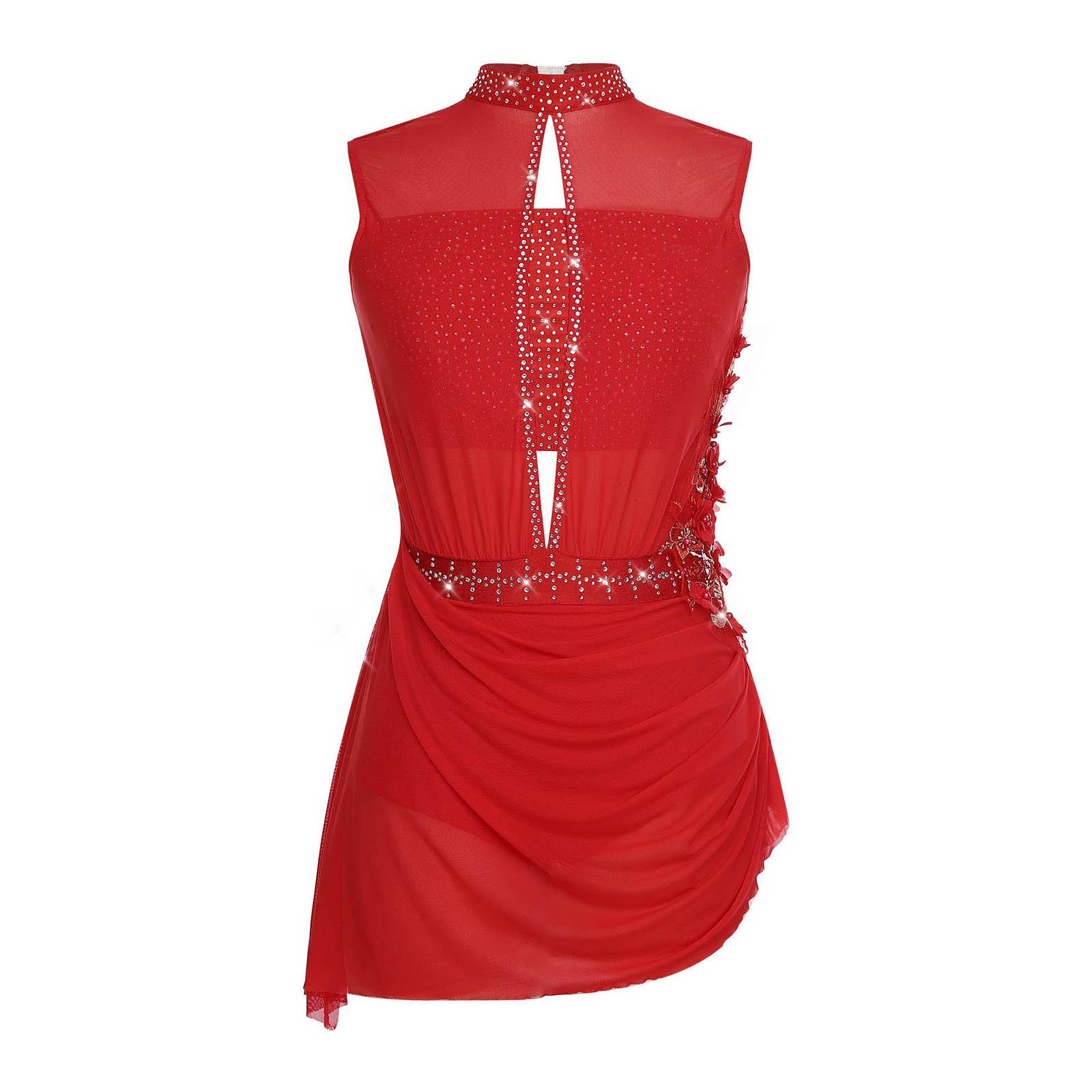 

Женское платье для фигурного катания, без рукавов, с вырезом на спине, с прозрачной сеткой, аппликацией из страз, асимметричным подолом, костюм для выступлений S красный