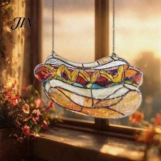 Lightweight Window Ornaments Hot Dog Stained Glass Acrylic Suncatcher, Colorful Retro Hanging Ornament with Modern Shop Soft Furnishings Metal Chain,