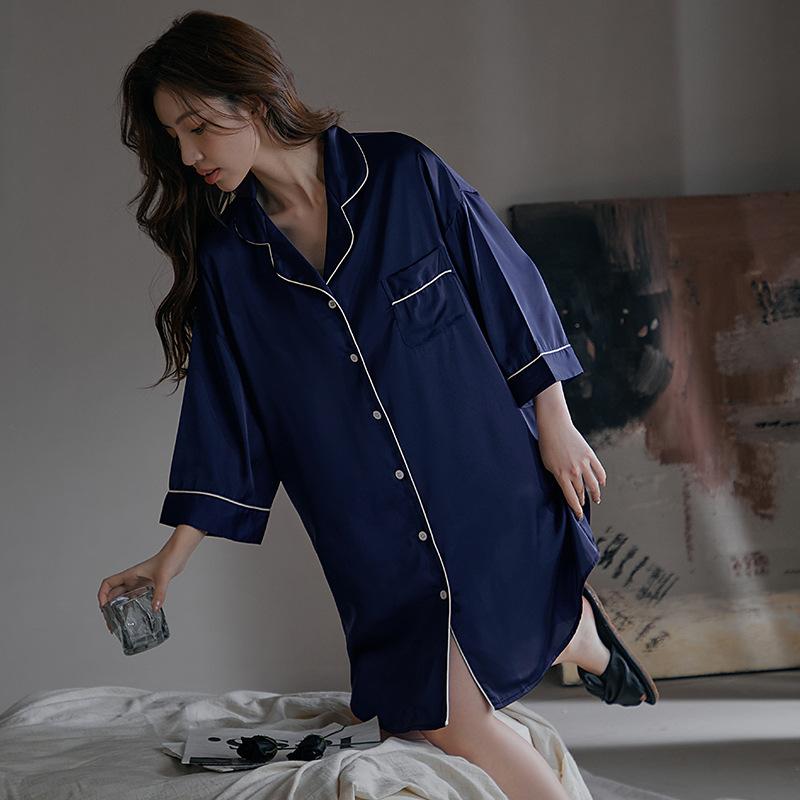 Women’s Sweet Sexy Boyfriend Style Pajama Set Summer Ice Silk Lightweight Breathable 3/4 Sleeve Top and Shorts Loungewear
