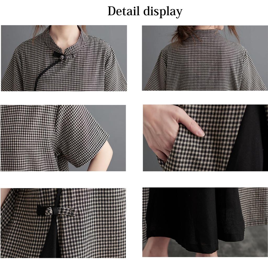 Long Dress for Checkered Short Cotton Linen Slimming Maxi Below the Relaxed Plus Sizes Summer [OGCPWYQZ] Women, Pattern, Sleeved, Blend, A-Line,