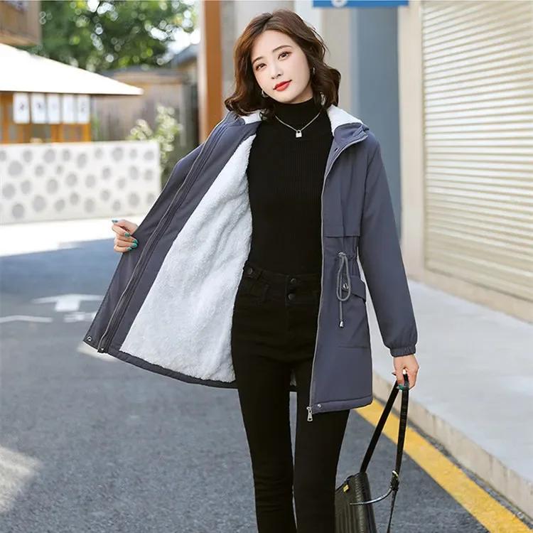 

Зимнее пальто средней длины с капюшоном и флисовой подкладкой для женщин, теплая парка, утепленная верхняя одежда, повседневные свободные куртки, тренчкот, зимняя ветровка XS серый