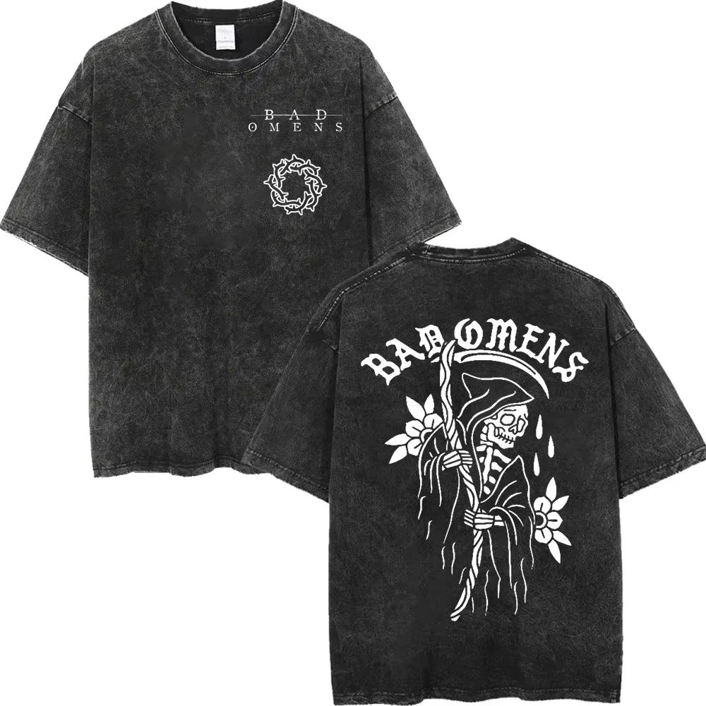 Vintage Washed Bad Omens Rock Band T-shirts Gothic Fashion Short Sleeve T-shirt Men Women Casual Loose Cotton T Shirt Streetwear
