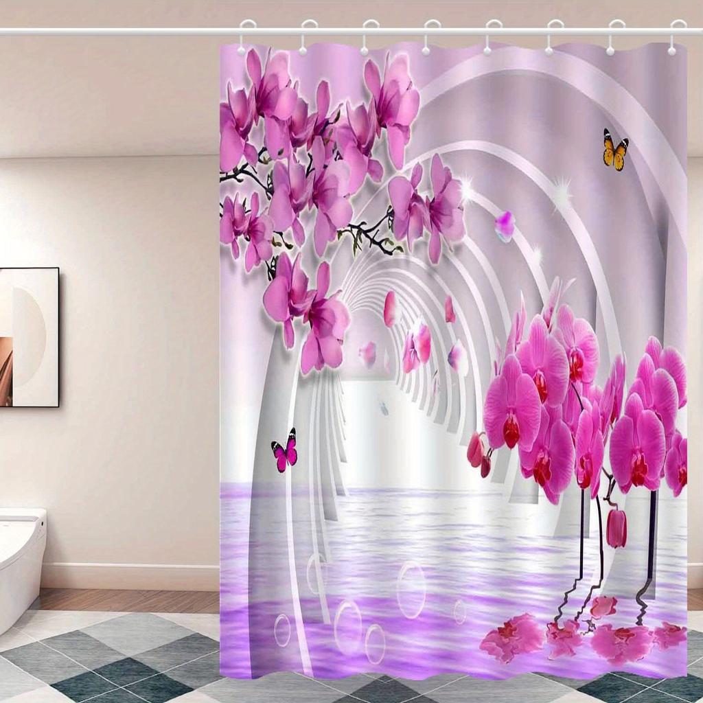 Rideau de douche Orchidée Orchidée Rose Reflet de l'eau Tunnel Art Design Fantaisie Décor Élégant Tissu Imperméable Ensemble Rideau de Bain