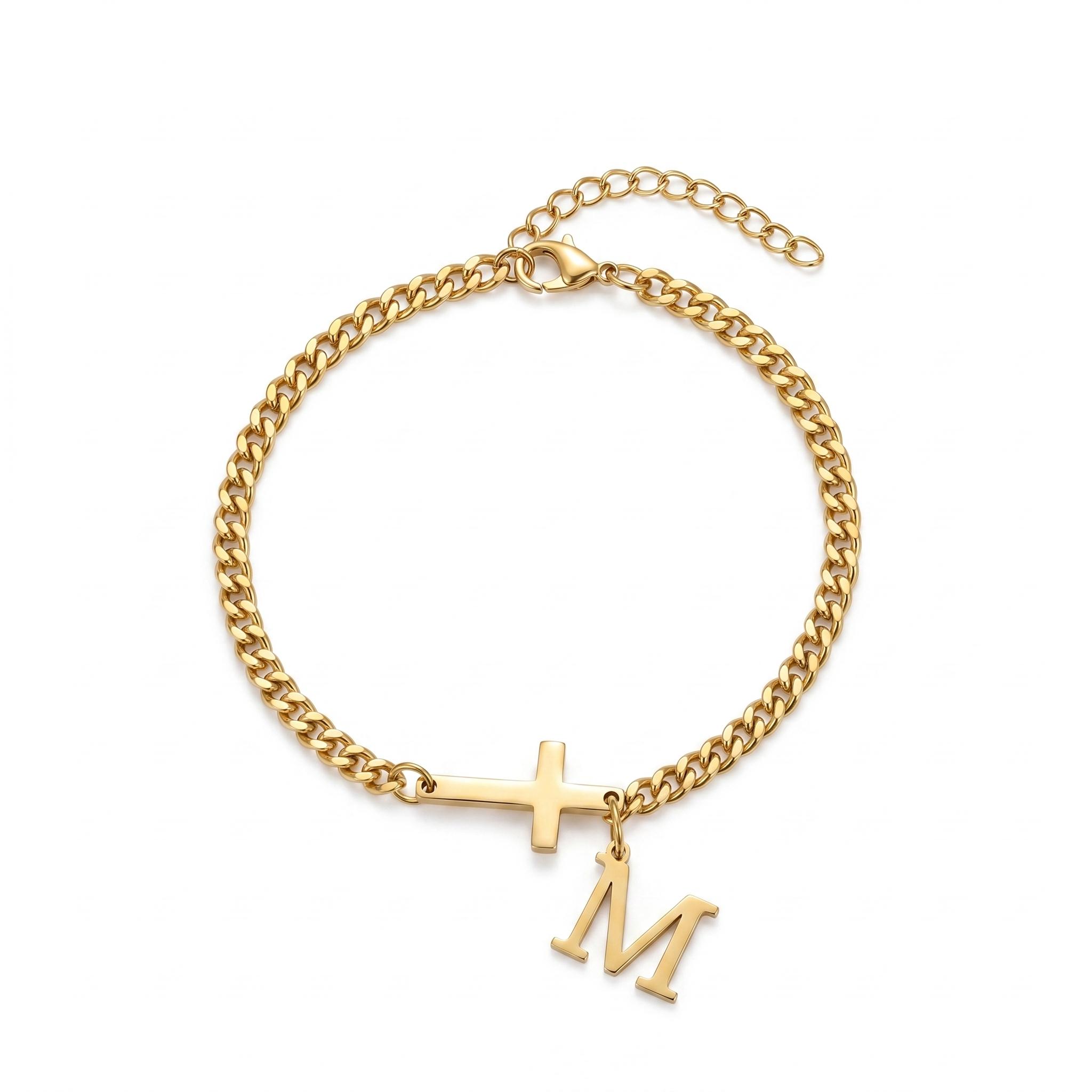 QIAOREN 11416 18K Gold Plated Side Cross & Initial Letter Anklet Stainless Steel Tarnish Free Waterproof золотой
