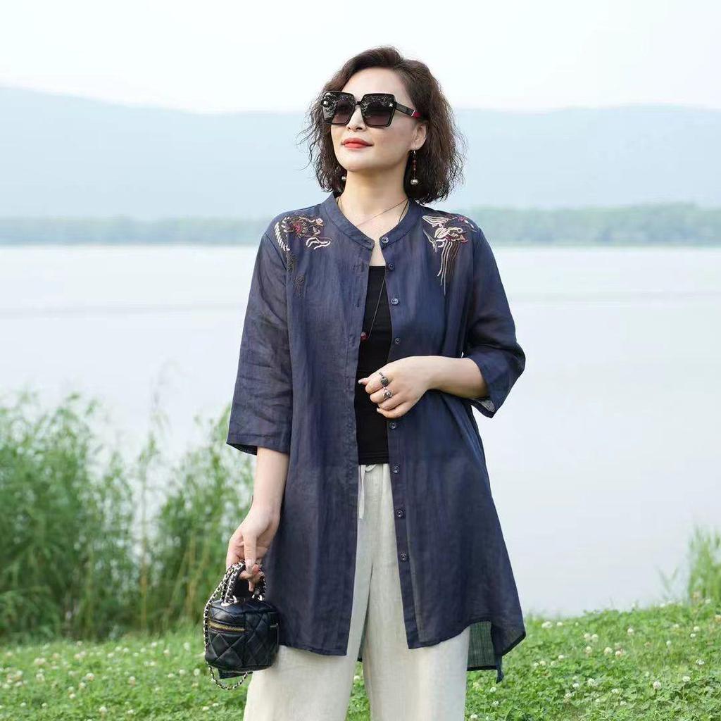 Summer 2024 Cotton Linen Embroidered Stand Collar Mid-Length Lightweight Sun Protection Cardigan Shirt