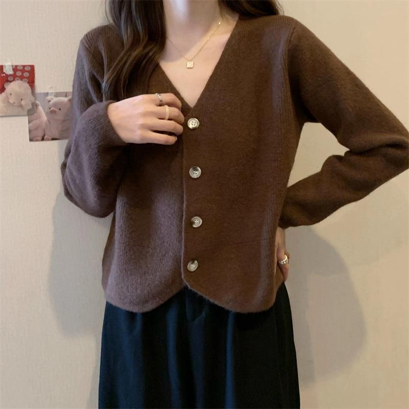 

Вязаный кардиган для женщин на осень и зиму, однотонный короткий свитер-жакет для женщин 3XL темно-коричневого