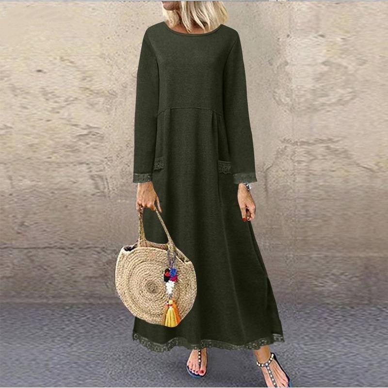 Women's Fashion Autumn Winter Solid Color Print Long  Sleeve ONeck High Waist Casual Lace and Velvet Dresses