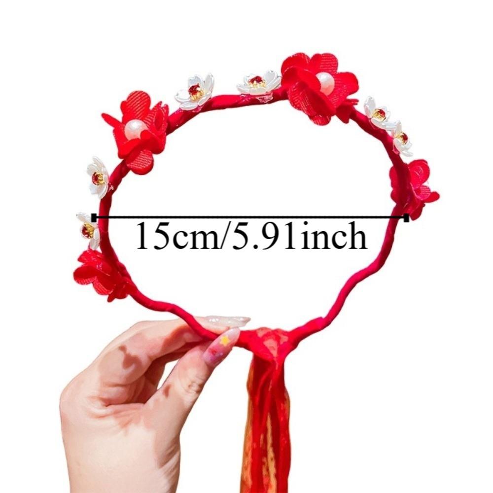 Leistungsrot Chinesischer Stil Stirnband Kugel Perle Blume Antiker Kopfschmuck Niedliche Quaste Neujahr Haarreif Mädchen
