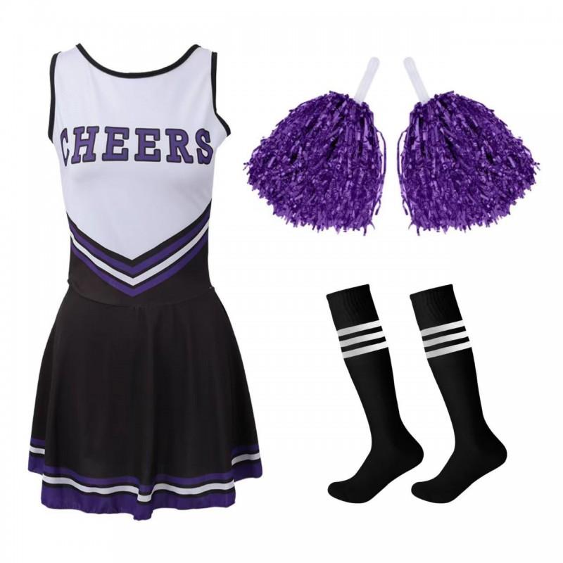 Kids Cheerleading Dress Set 5 Colors Pom Poms Socks Sports Performance Outfit