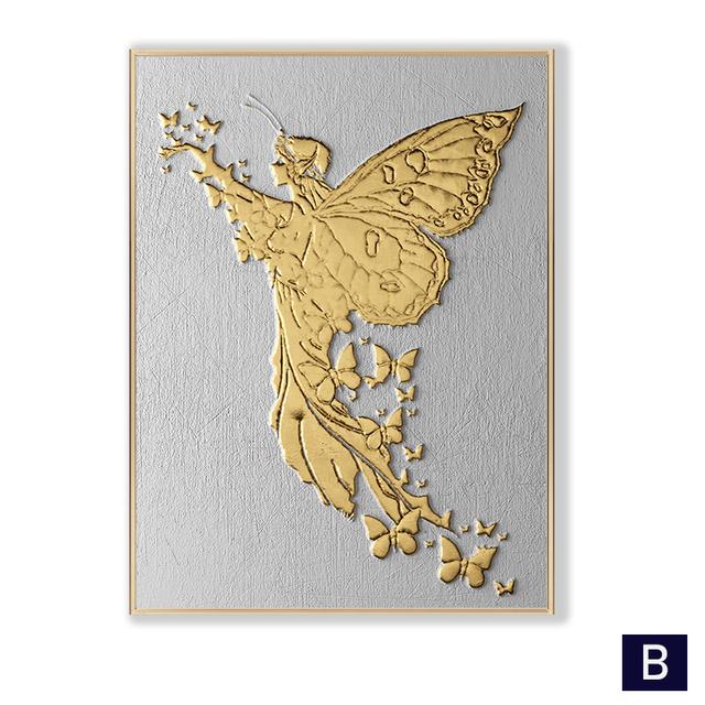 Abstract golden foil poster with butterfly and angel, modern home decor, canvas, painting, minimalist art poster and prints for the living room