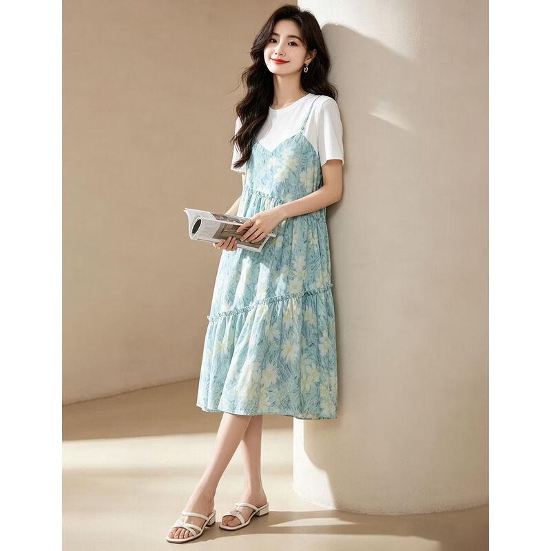 D.F.DEAR Summer Floral Print Faux Two-Piece Dress