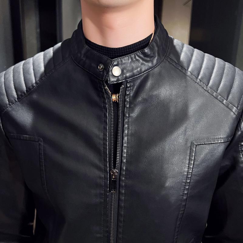 Men's Autumn Winter PU Leather Flight Jacket - Stand Collar, Casual, Trendy Motorcycle Outerwear, Plus Size Available.