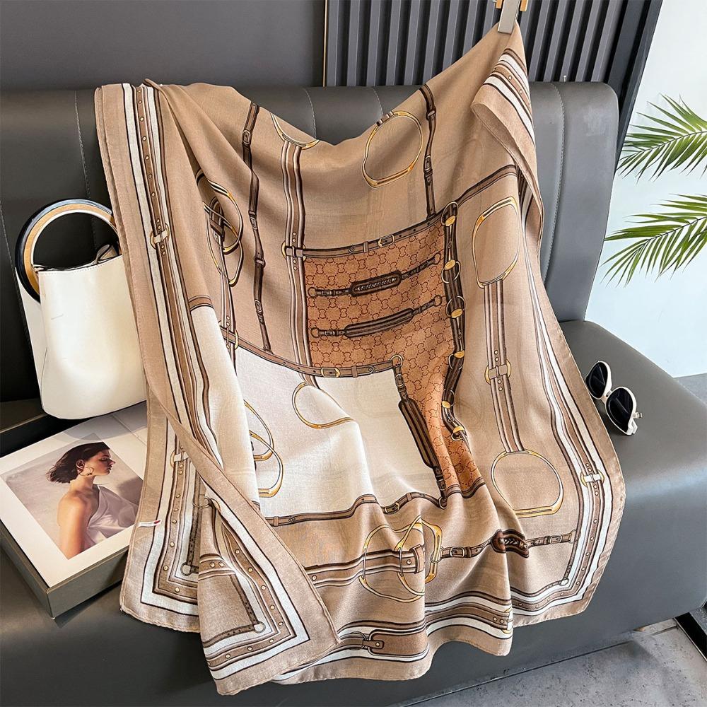 180x85cm Chain Print Scarf - Women's Autumn/Winter Cotton Hemp Warmth-Supportive Sun Protection Wraparound Neck Cover