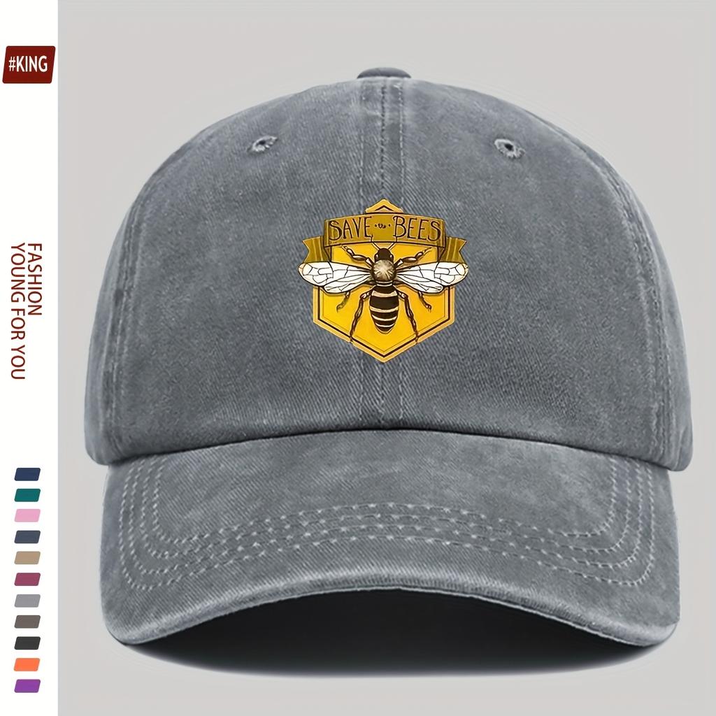 Retro bee patterned printed baseball cap with adjustable breathability and sun protection for street skateboarding couples