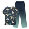 Women's Short Sleeve V Neck Animal Print Chest Pocket Work Top Elastic Waist Pants Two Piece Work Set