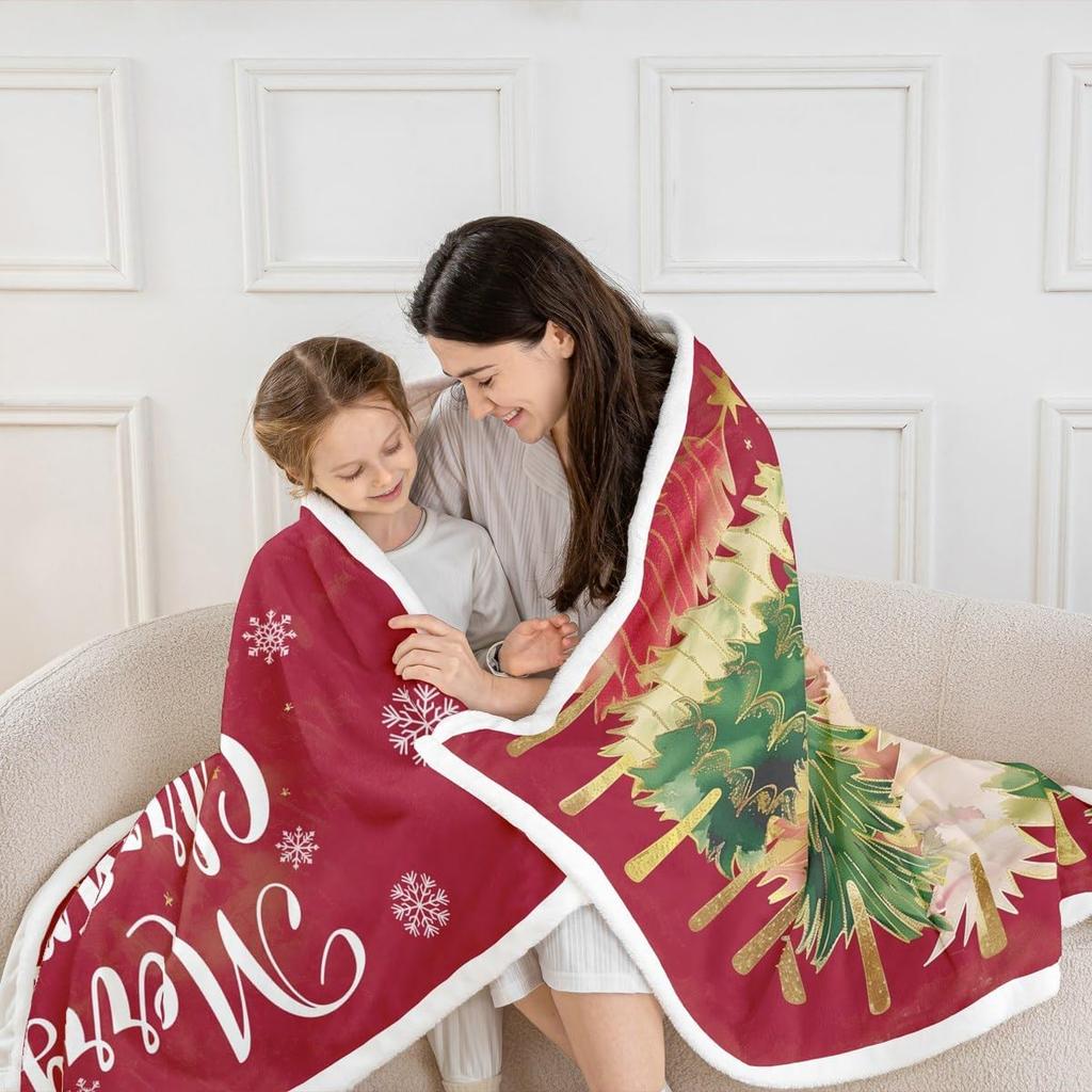 Merry Christmas Throw Blanket Watercolor Cartoon Xmas Trees Fleece Blanket for Kids Teens Adults Winter Snowflake Decor New Year