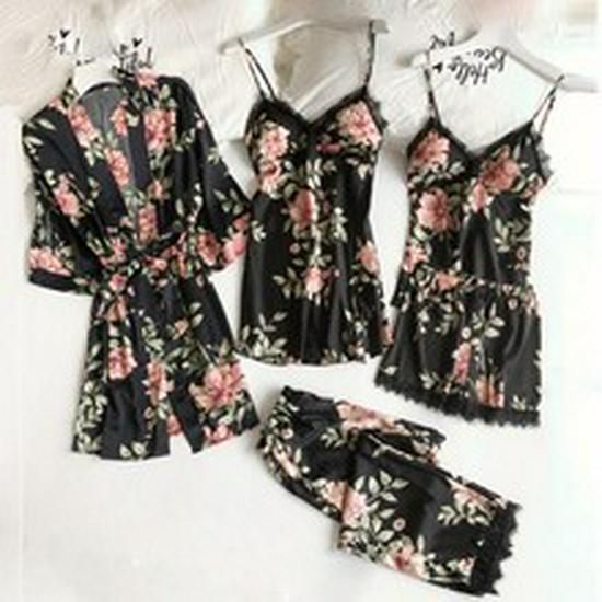 European & American Women's Sexy Lace Pajamas, Plus Size, 4-Piece Set - Homewear & Lingerie