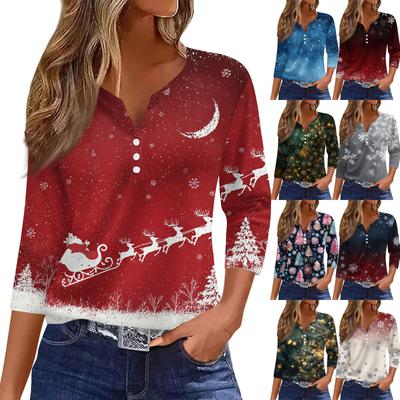 Women's Fashion Casual Christmas Tree Print V-Neck Decorative Button Three-Quarter Sleeve T-Shirt Top