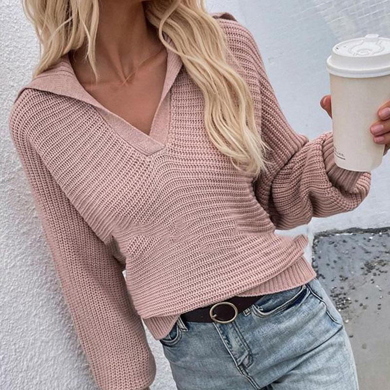 

Офисный женский однотонный свободный простой вязаный свитер с V-образным вырезом S чёрный