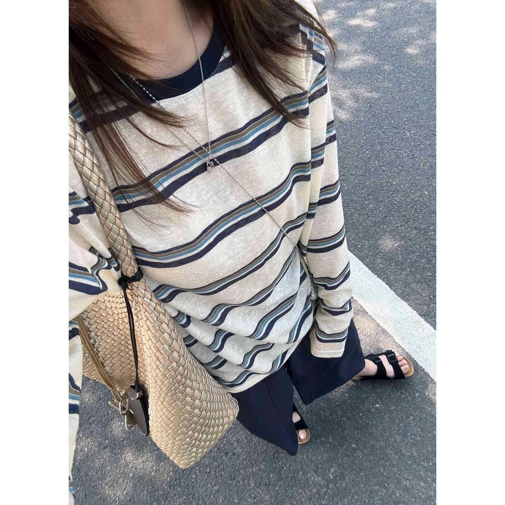 Retro crew neck contrasting color long-sleeved striped t-shirt women's spring and autumn thin loose lazy versatile summer sunscreen blouse