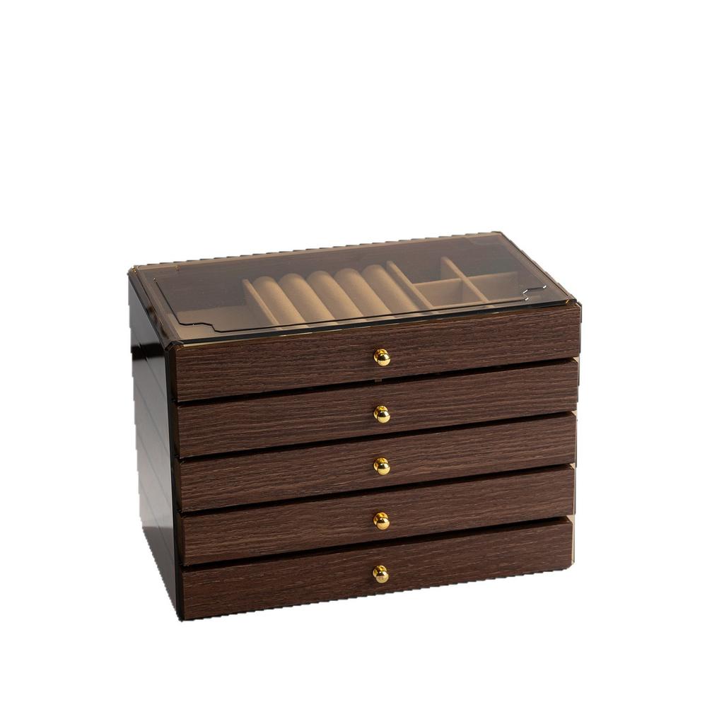 Luxury Five-Layer Rectangle Walnut Jewelry Box with Dustproof Drawstring Closure-Earring Bracelet Necklace & Ring Storage