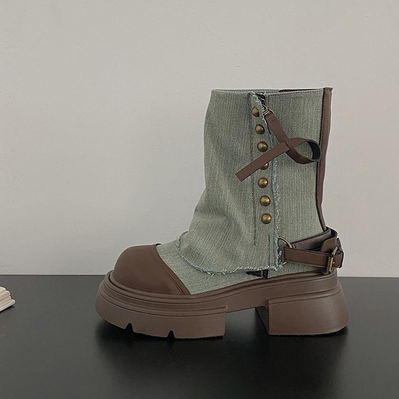 

Winter Design Platform Heels Women Ankle Boots Fashion Button Combination Splicing Short Booties Shoes Mujer 35