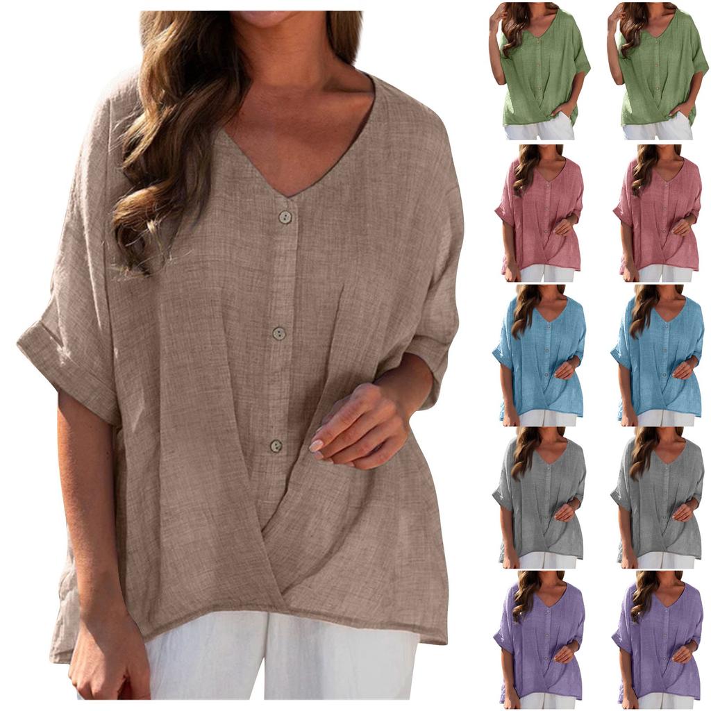 Women's Solid V-Neck Pullover Button Down Short Sleeve Shirt Casual Top Lightweight Tops